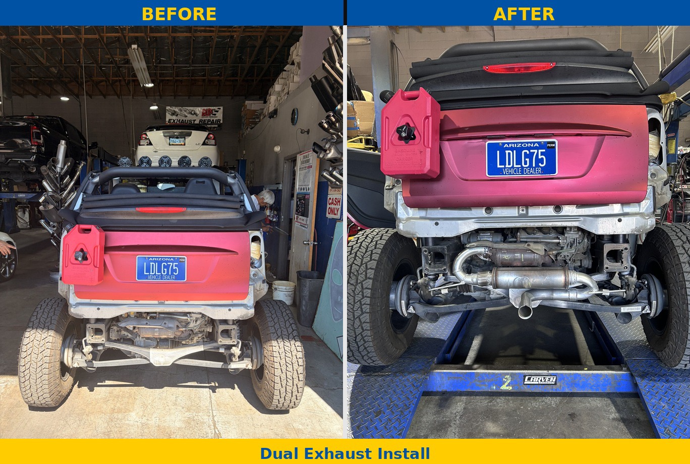 Before and after dual exhaust installation completed at the shop